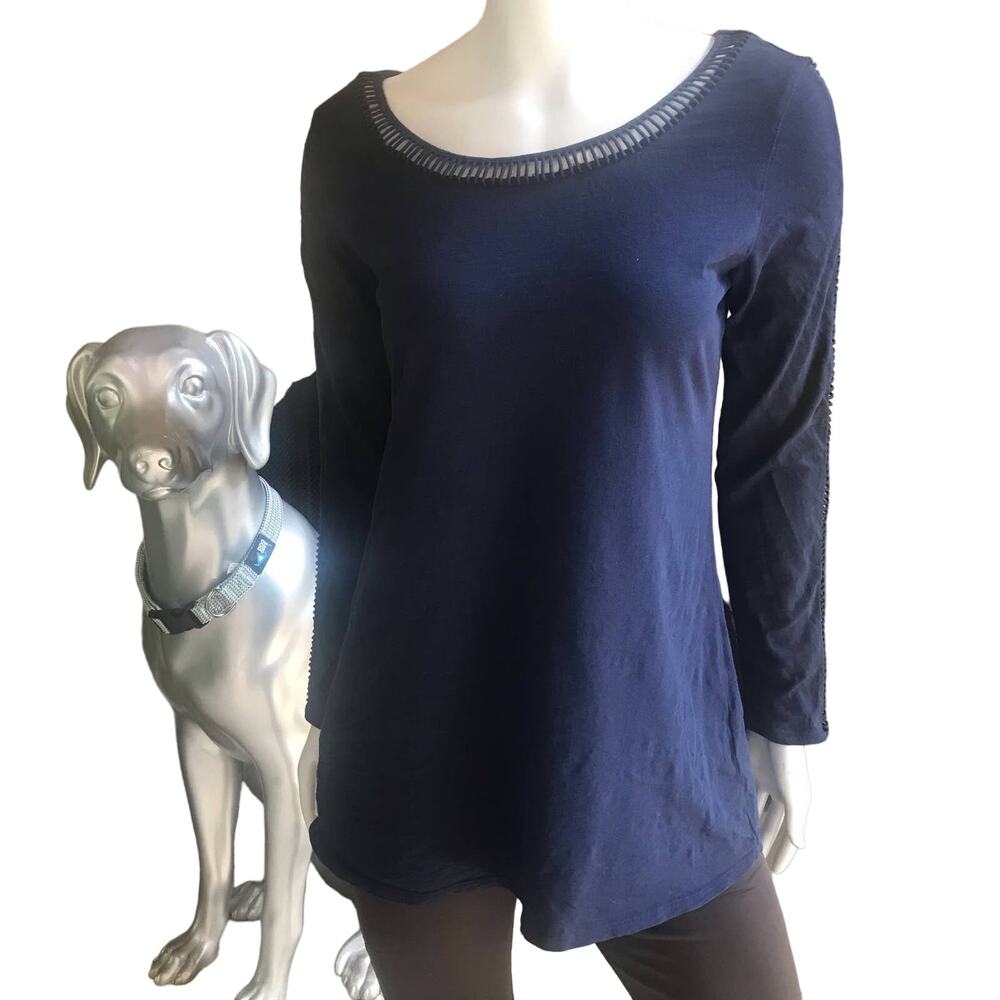 Soft Surroundings Long Sleeve Perforated Scoop Neck Blue Top Women's Size Small